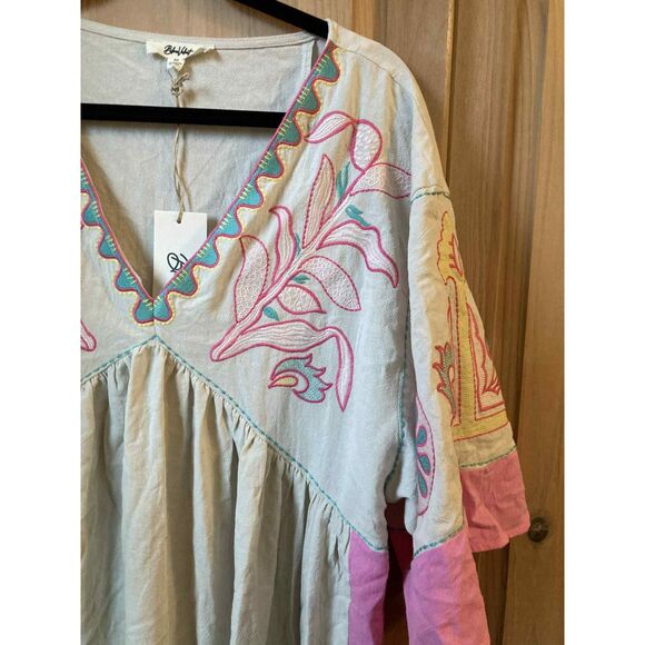 Blue Velvet | NWT Embroidered Boho Flowy Pink/Tan Maxi/midi Dress | Medium - Picture 4 of 7